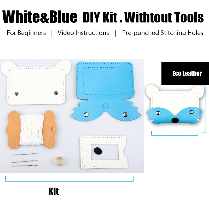 Blue&white Leather Card Holder Kit DIY Leather Fox Coin Wallets Kit DIY Eco Leather Project DIY Leather Kit