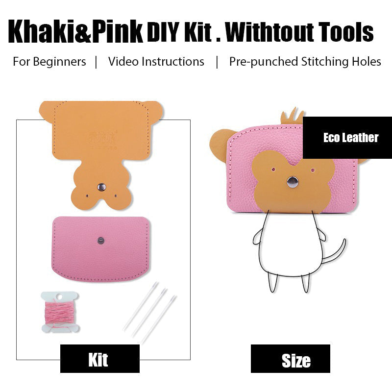 Pink Leather Card Holder Kit DIY Leather Monkey Coin Wallet Kit DIY Leather Project